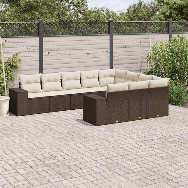 vidaXL 10-delige Loungeset met kussens poly rattan bruin