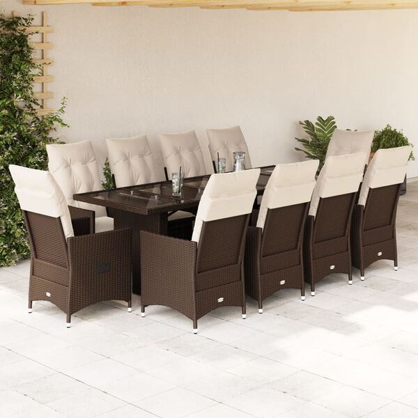 vidaXL 11-delige Bistroset met kussens poly rattan bruin