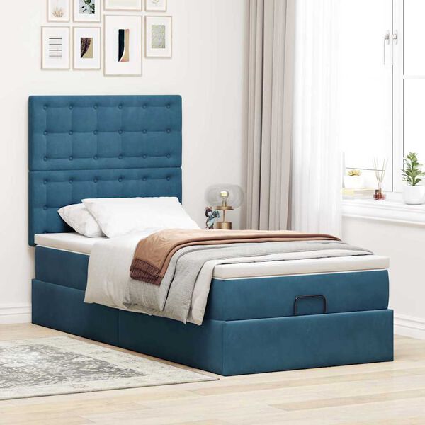 vidaXL Ottoman bed met matrassen en LED's 90x200cm fluweel donkerblauw