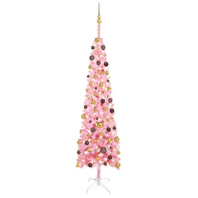 vidaXL Kunstkerstboom met verlichting en kerstballen smal 210 cm roze