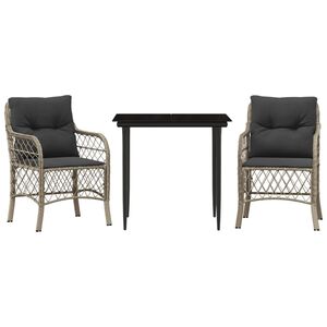 vidaXL 3-delige Bistroset met kussens poly rattan lichtgrijs
