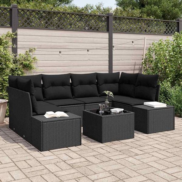 vidaXL Tuin Sofa Set met kussen 7 pcs Zwart poly rattan
