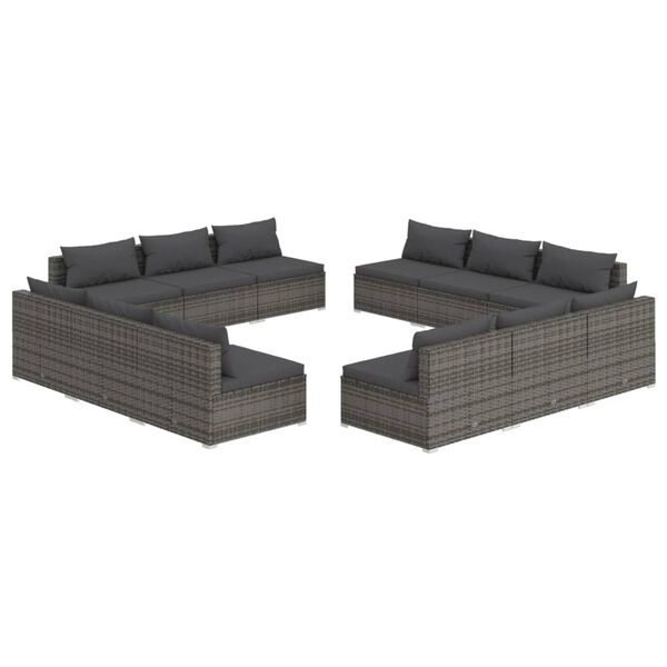 vidaXL 12-delige Loungeset met kussens poly rattan grijs