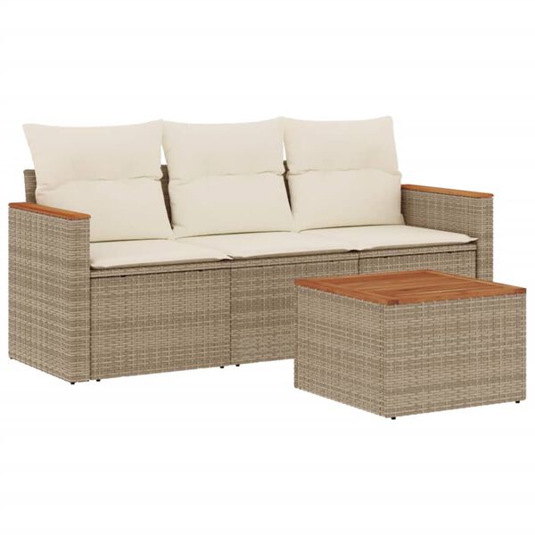 vidaXL 4-delige Loungeset met kussens poly rattan beige
