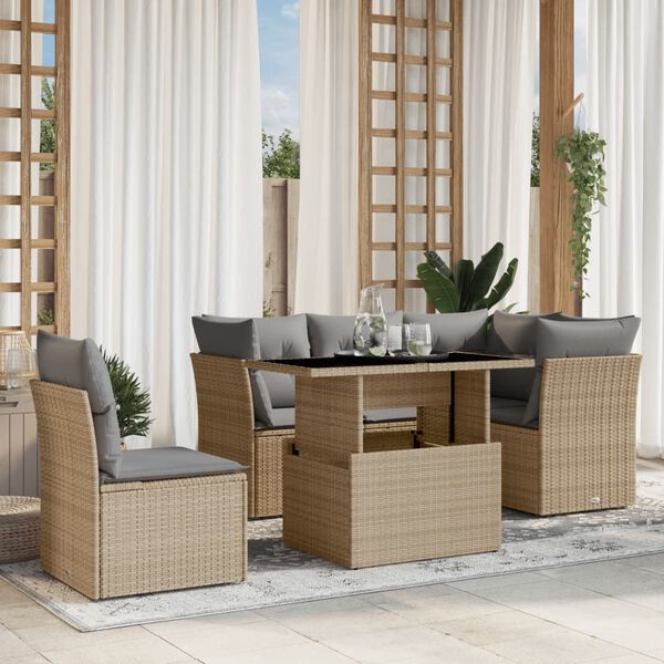 vidaXL 6-delige Loungeset met kussens poly rattan beige