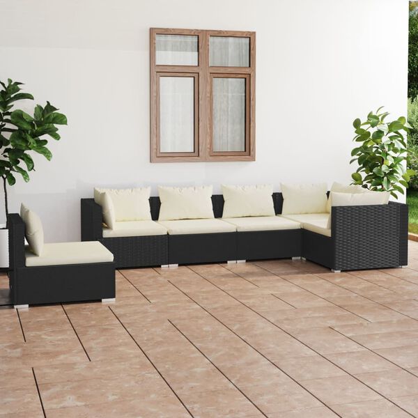 vidaXL 6-delige Loungeset met kussens poly rattan zwart
