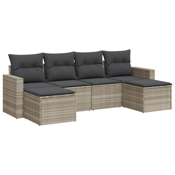 vidaXL 6-delige Loungeset met kussens poly rattan lichtgrijs