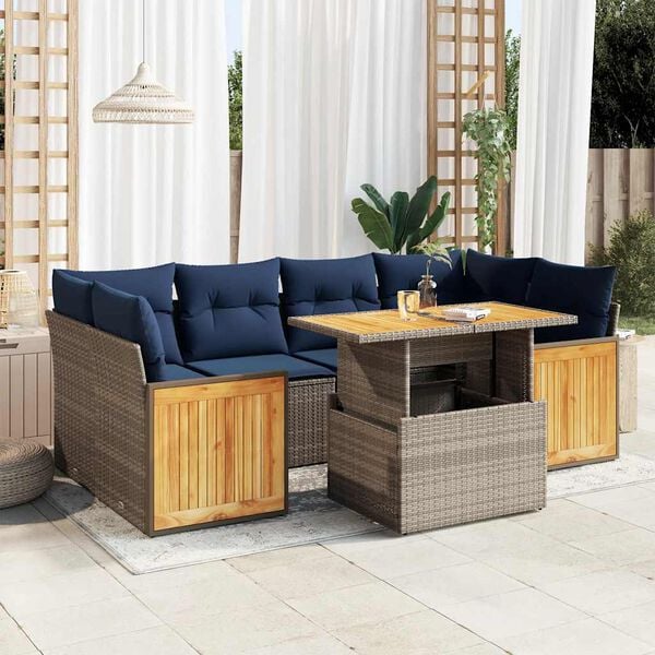 vidaXL 7-delige Loungeset met kussens poly rattan acacia grijs