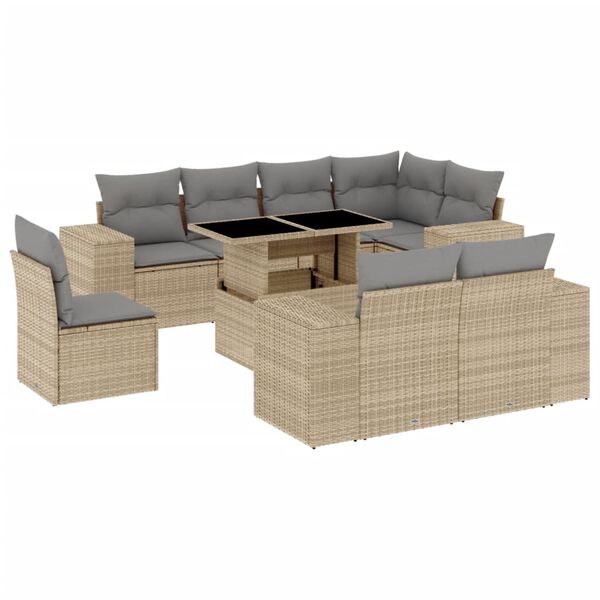 vidaXL 9-delige Loungeset met kussens poly rattan beige