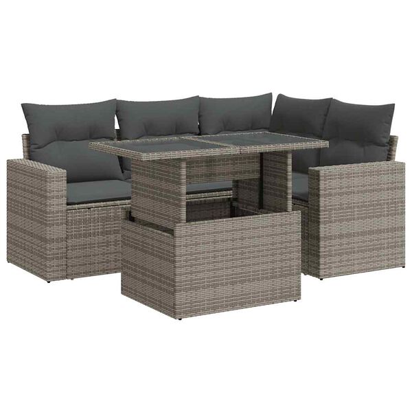 vidaXL 5-delige Loungeset met kussens poly rattan grijs