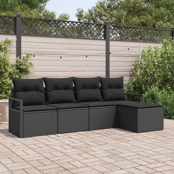 vidaXL Bankstel met kussen met opslag 5 pcs Zwart poly rattan