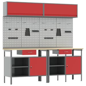 vidaXL Werkbankset met lade 8 pcs Rood en Grijs Gepoedercoat staal