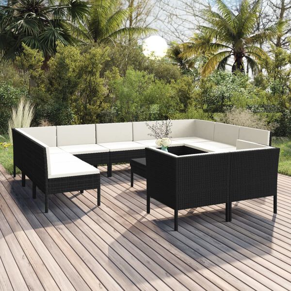 vidaXL 12-delige Loungeset met kussens poly rattan zwart