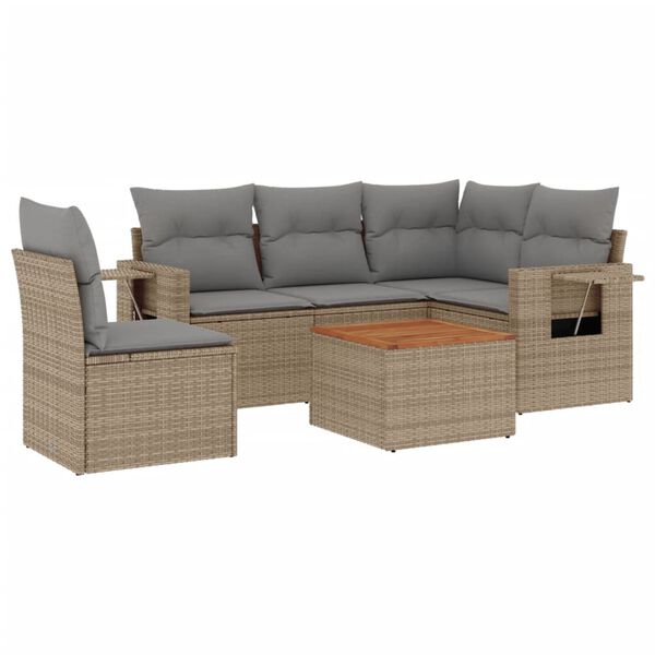 vidaXL 6-delige Loungeset met kussens poly rattan beige