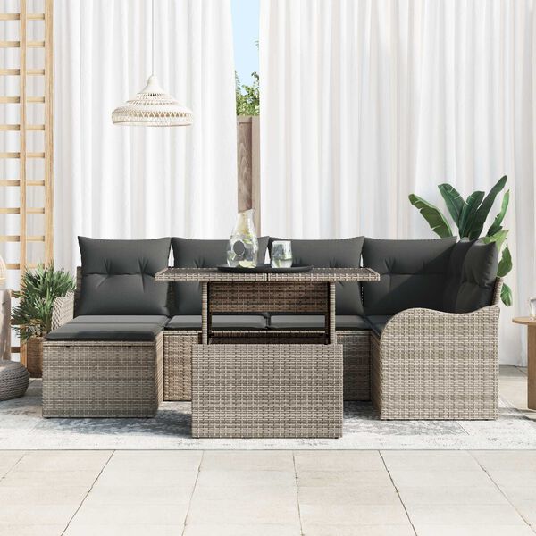 vidaXL Tuin Sofa Set met kussen met opslag 7 pcs Grijs Poly riet