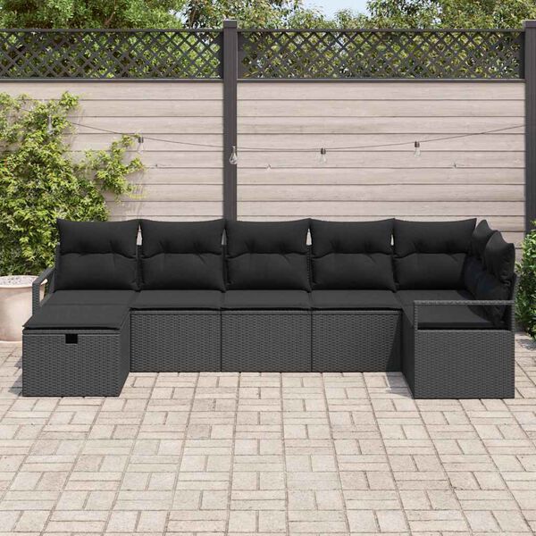 vidaXL Bankstel met kussen met opslag 7 pcs Zwart poly rattan