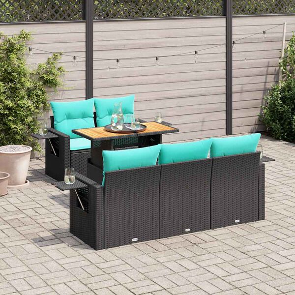 vidaXL 6-delige Loungeset met kussens poly rattan zwart