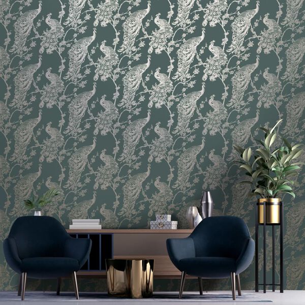 DUTCH WALLCOVERINGS Behang Peacock groen en zilverkleurig