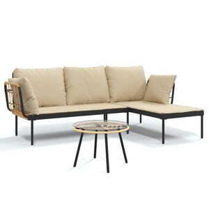 vidaXL 3-delige Loungeset met kussens poly rattan beige