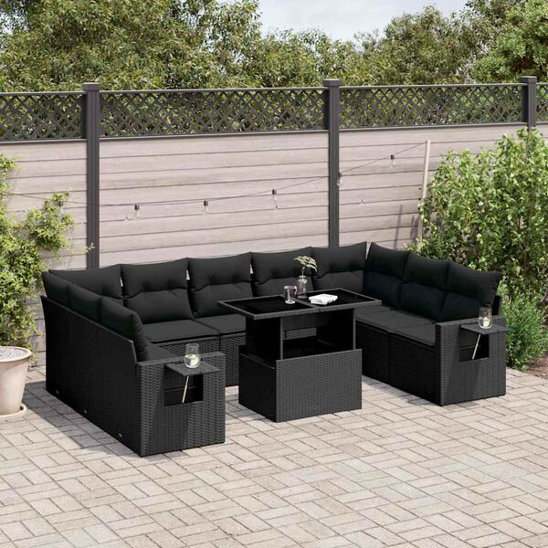 vidaXL 10-delige Loungeset met kussens poly rattan zwart