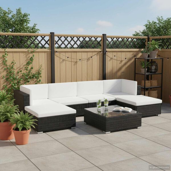 vidaXL 7-delige Loungeset met kussens poly rattan zwart