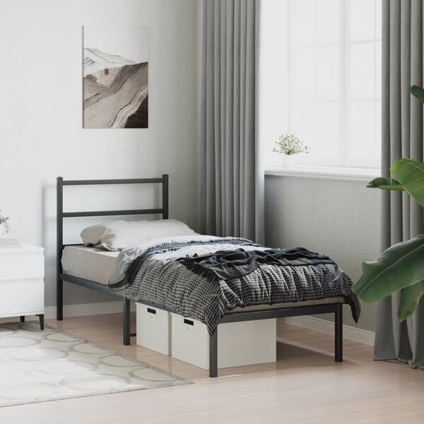 vidaXL Bedframe met hoofdbord metaal zwart 75x190 cm