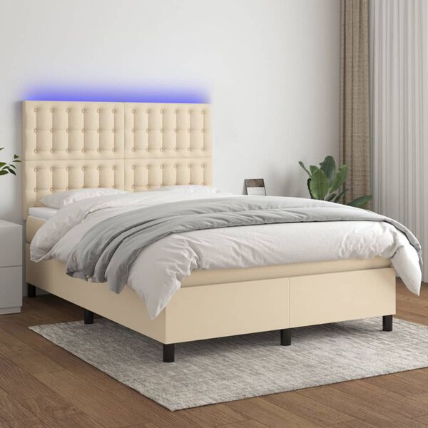 vidaXL Boxspring met matras en LED stof cr&egrave;mekleurig 140x200 cm
