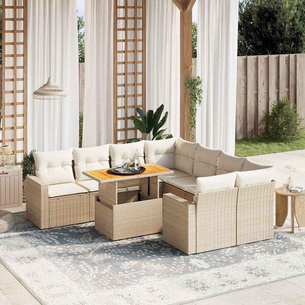 vidaXL 9-delige Loungeset met kussens poly rattan beige