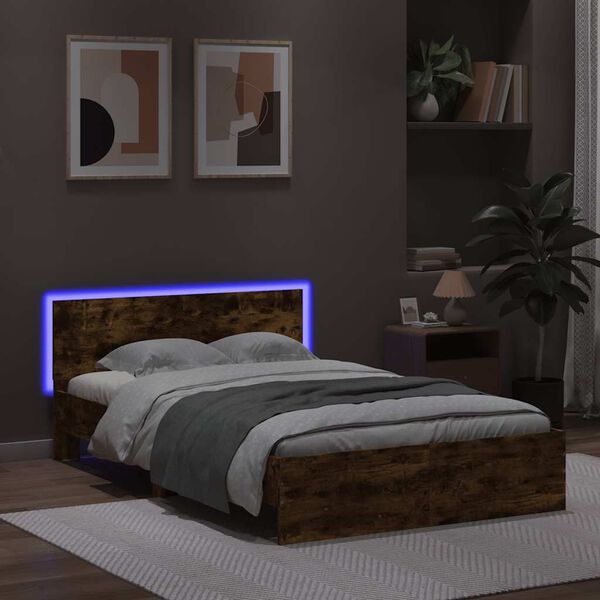 vidaXL Bedframe met hoofdeinde en LED gerookt eikenkleurig 135x190 cm