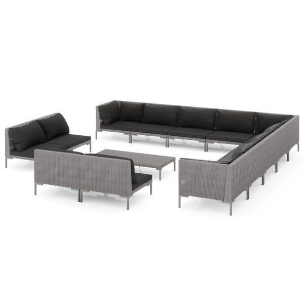 vidaXL 14-delige Loungeset met kussens poly rattan donkergrijs
