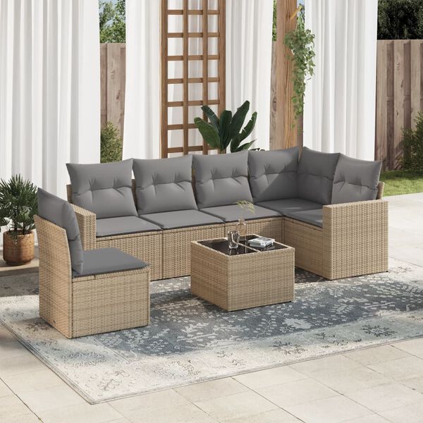 vidaXL 7-delige Loungeset met kussens poly rattan beige