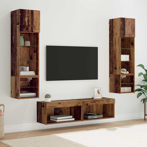 vidaXL TV-wandmeubel met LED-striplichten 6 pcs Oud Hout Bewerkt hout