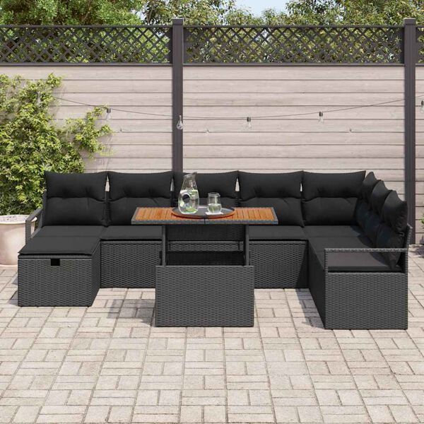 vidaXL Tuinbankenset met kussen met opslag 9 pcs Zwart poly rattan