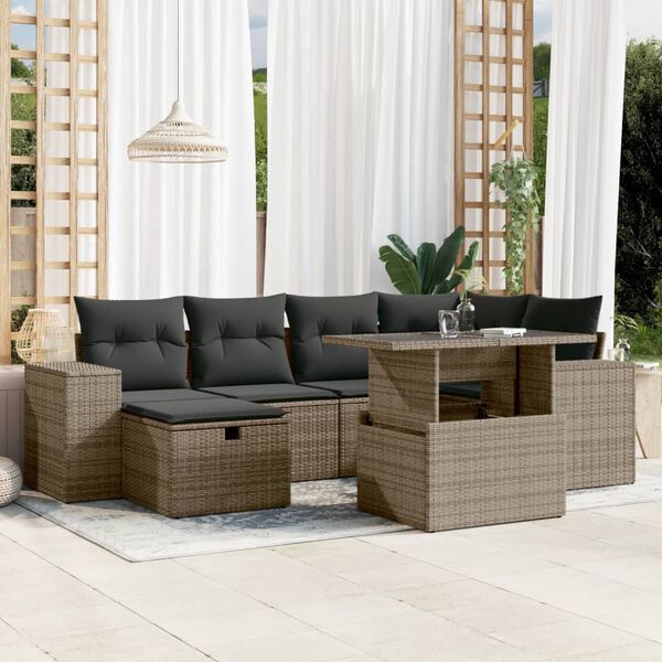 vidaXL 7-delige Loungeset met kussens poly rattan grijs