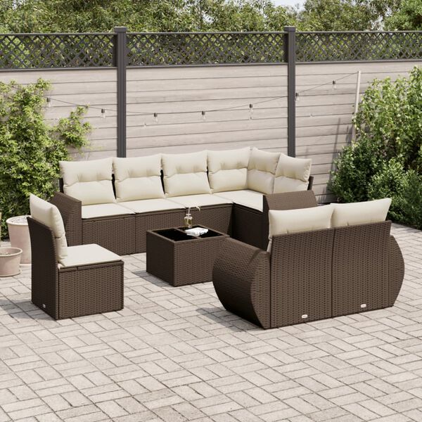 vidaXL 9-delige Loungeset met kussens poly rattan bruin