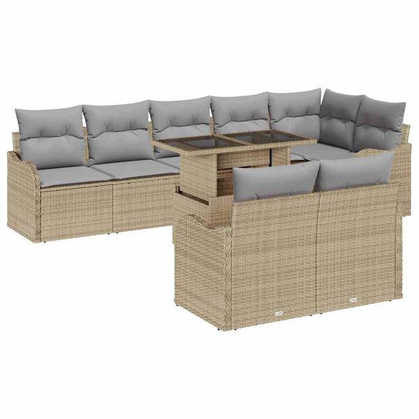 vidaXL Loungebankset met kussen 9 pcs Beige Poly riet