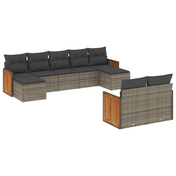 vidaXL 9-delige Loungeset met kussens poly rattan grijs