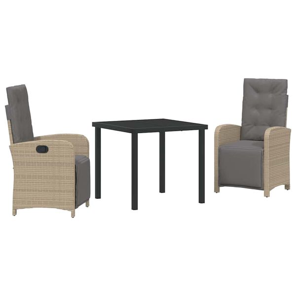 vidaXL Tuin eettafelset met kussen 3 pcs Beige poly rattan