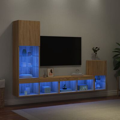 vidaXL 4-delige Tv-wandmeubelset met LED bewerkt hout sonoma eiken