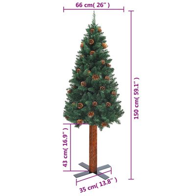 vidaXL Kerstboom met echt hout en dennenappels smal 150 cm PVC groen