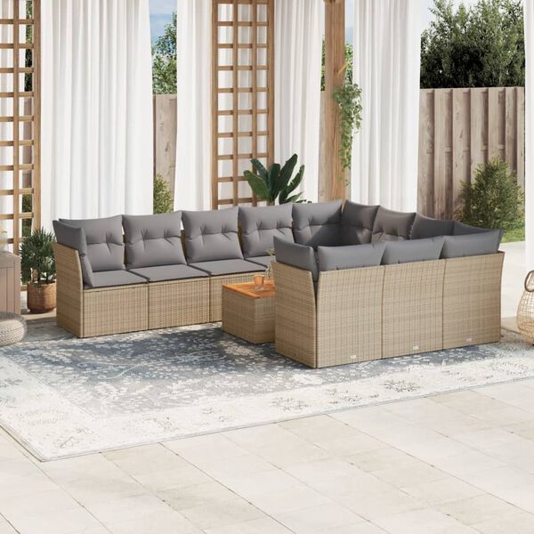 vidaXL 11-delige Tuinset met kussens poly rattan beige
