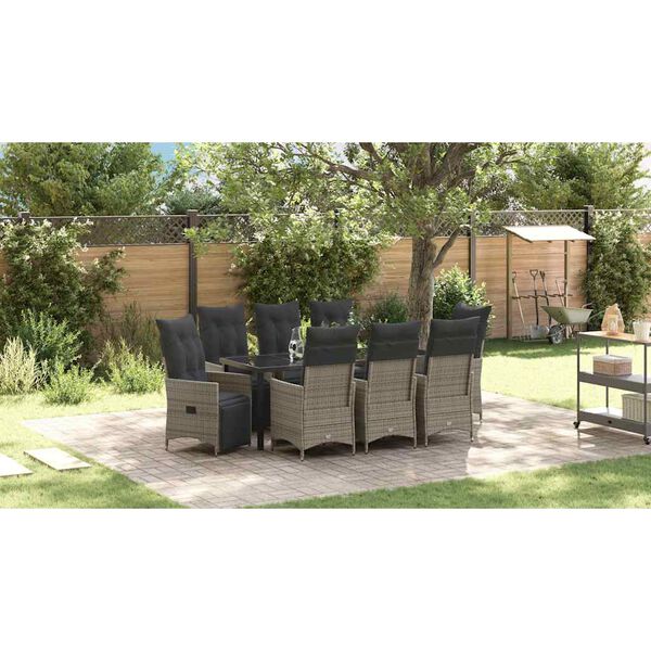 vidaXL Tuin Eetset met kussen 9 pcs Grijs Poly riet