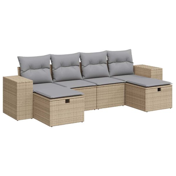 vidaXL 6-delige Loungeset met kussens poly rattan beige