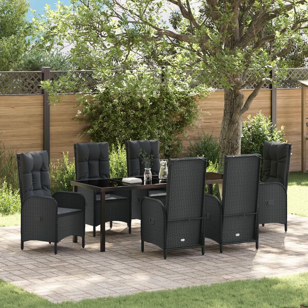 vidaXL Tuin eettafelset met kussen 7 pcs Zwart poly rattan