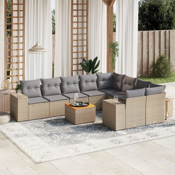 vidaXL 10-delige Loungeset met kussens poly rattan beige