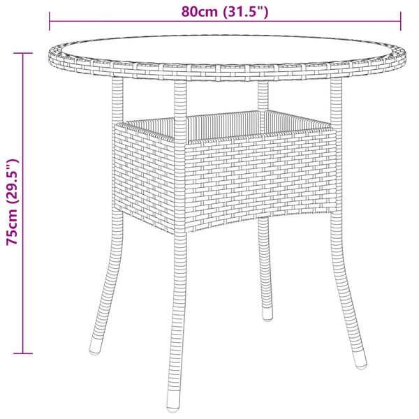 vidaXL Tuintafel Ø80x75 cm gehard glas en poly rattan bruin