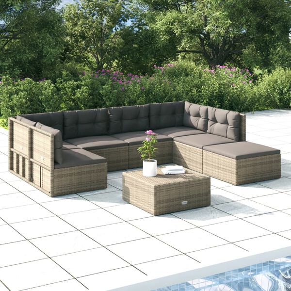 vidaXL 7-delige Loungeset met kussens poly rattan grijs