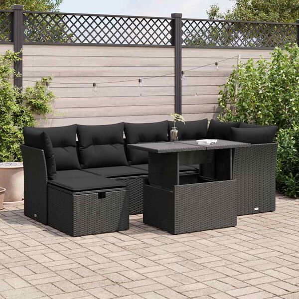 vidaXL 7-delige Loungeset met kussens poly rattan zwart