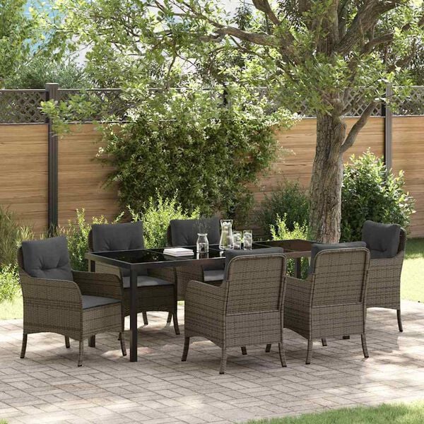 vidaXL Tuin eettafelset met kussen 7 pcs Grijs poly rattan