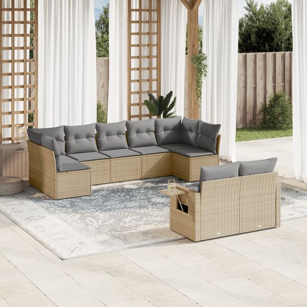 vidaXL 9-delige Loungeset met kussens poly rattan beige